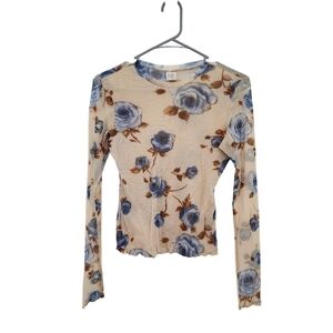 Sweet Pea Women's Mesh Floral Long Sleeves Fitted Y2K Artsy Disco Top - L